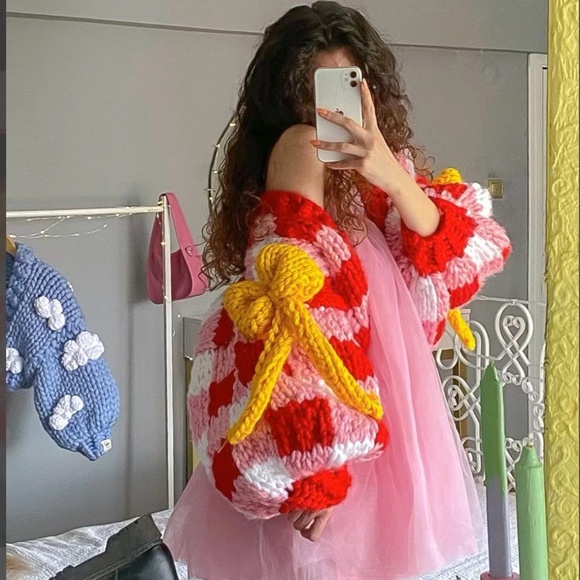 Handmade Gingham Oversized Cardigan, Crop Colossal Knit with Ribbon Details - Picture 6 of 14